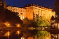 Evening view of Cesky Krumlov Castle, Floating Bridge and Vltava River. Czech Republic Royalty Free Stock Photo