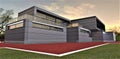 Evening view of a contemporary suburban cottage finished with metal composite material. Red brick blind area with white curb. 3d