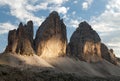 Evening view of Drei Zinnen or Tre Cime di Lavaredo Royalty Free Stock Photo