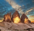 Evening view of Drei Zinnen or Tre Cime di Lavaredo Royalty Free Stock Photo