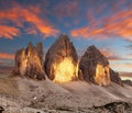 Evening view of Drei Zinnen or Tre Cime di Lavaredo