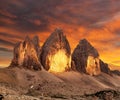 Evening view of Drei Zinnen or Tre Cime di Lavaredo Royalty Free Stock Photo