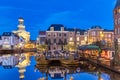 Evening view of the Dutch historic city center with water, terraces and restaurants in Leiden, The Netherlands Royalty Free Stock Photo