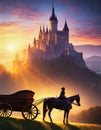 evening view of a fairytale castle with a silhouette of a carriage with a horse