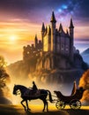 evening view of a fairytale castle with a silhouette of a carriage with a horse