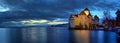 Evening view of famous Chateau de Chillon at Lake Geneva one of Switzerland Royalty Free Stock Photo