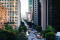 Evening view of Flower Street, in downtown Los Angeles