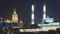 Evening view of the Hotel Ukraine and the Ostankini Tower from the observation deck on the Sparrow Hills in Moscow Royalty Free Stock Photo