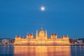 Evening view of the Hungarian Parliament Building on the bank of the Danube in Budapest, Hungary Royalty Free Stock Photo