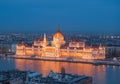 Evening view of the Hungarian Parliament Building on the bank of the Danube in Budapest, Hungary Royalty Free Stock Photo