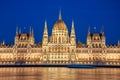 Evening view of the Hungarian Parliament Building on the bank of the Danube in Budapest, Hungary Royalty Free Stock Photo