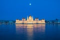 Evening view of the Hungarian Parliament Building on the bank of the Danube in Budapest, Hungary Royalty Free Stock Photo