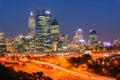 Evening view of illuminated skyscrapers in downtown Perth. Perth is a modern vibrant city in Western Australia