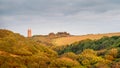 View of the landscape behind Blackpool Beach near Hartland, North Devon. AONB with Stoke village church tower visible in