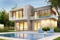 Evening view of a modern home with lighting and a swimming pool Royalty Free Stock Photo