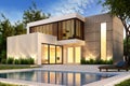 Evening view of a modern house with swimming pool Royalty Free Stock Photo