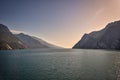 evening view from Monte Brione, Riva del Garda, to the south lake,mountains, dramatic sky, sunset Royalty Free Stock Photo