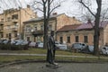 Evening view Monument of Emperor Franz Joseph I near Church of heart of Jesus in Chernivtsi, Ukraine. December 2021