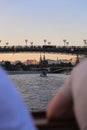 Evening view of The Moscow Kremlin, Boats on Moscow River and Patriarchy bridge, capital of Russia. Royalty Free Stock Photo