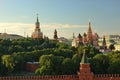 Evening view on Moscow Red Square Kremlin towers red square wall stars and Clock Kuranti Saint Basil Cathedral church. Panorama fr Royalty Free Stock Photo