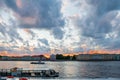 Evening view from the Neva River to the embankment. Evening landscape of the northern capital of Russia-St. Petersburg