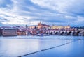 Evening view of the old Prague castle, Charles bridge and Mala Strana side Royalty Free Stock Photo