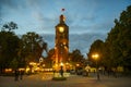 Evening view of the old Water tower, now museum in Historical center of Vinnytsia, Ukraine. September 2020