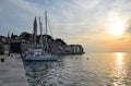 Evening view on Pier and yachts in coastal town of Rovinj, Istria, Croatia Royalty Free Stock Photo