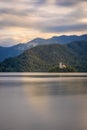Evening view of Pilgrimage Church of the Assumption of Maria. Fantastic summer scene of Lake Bled, Julian Alps, Slovenia, Europe. Royalty Free Stock Photo