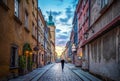 Evening view on Piwna street Warsaw, Poland. View of the old town in the historic center of Warsaw Royalty Free Stock Photo