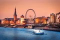 Dusseldorf, Germany - The Evening View of the Rhine River and the Old Town of Dusseldorf Royalty Free Stock Photo