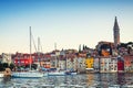 Evening view on sailboat harbor in Rovinj with many moored sail boats and yachts, Croatia Royalty Free Stock Photo