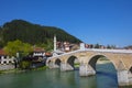 Evening view of Sarajevo old town from the riverside with bridge and mosque, Sarajevo, Bosnia and Herzegovina