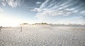 Evening view on small sand dune with green grass. Sandy beach at sea coast. Blue sky with white clouds