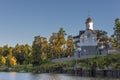 Evening view of Smolensk Skete from the lake. Horizontal frame.