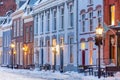 Evening view of snow covered historic houses in the Dutch city center of Doesburg, The Netherlands Royalty Free Stock Photo