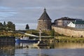 Evening view of the Solovetsky Spaso-Preobrazhensky monastery and the boat. White sea, Russia, Solovki island