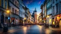 Evening view of St. Mary`s Basilica from the Florianska street, old town Krakow, Poland. Panoramic view, long exposure, Royalty Free Stock Photo