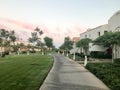 Evening view of the stone path and Arabian Muslim whiteness of building, cottages amidst the tropical green of palm trees and pla