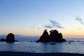 Evening view of Suzume-iwa in Izu, Japan.