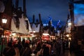Evening View to the Hogsmeade Village in the Harry Potter World in Universal Studios Park