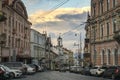 Evening view to the street of Heroes of Maidan in the historic center of in Chernivtsi, Ukraine. December 2021