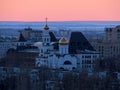 Evening view of the Volga Orthodox Institute in the city of Togliatti on the background of a spring sunset.