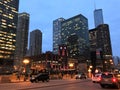 Evening view of Wacker Drive in River North neighborhood, Chicago