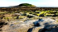 Bright evening sunshine, still, calm waters, rock pools and reef, in Looe Bay, Cornwall UK Royalty Free Stock Photo