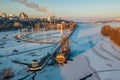 Evening Voronezh, aerial view. Admiralteiskaya embankment, monument of first Russian ship