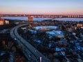 Evening Voronezh cityscape. Bridge highway, aerial view