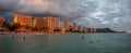 Evening at Waikiki Beach with Diamond Head valcano in the distance Royalty Free Stock Photo