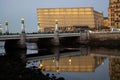 Evening walk along river in central part of Donostia or San Sebastian city, Basque Country, Spain