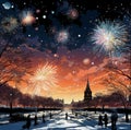 an evening winter city and fireworks in the sky Royalty Free Stock Photo